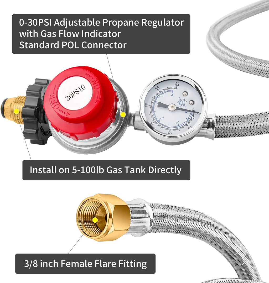 12 Foot High Pressure Adjustable Propane Regulator 0-30 PSI with Gauge W5970