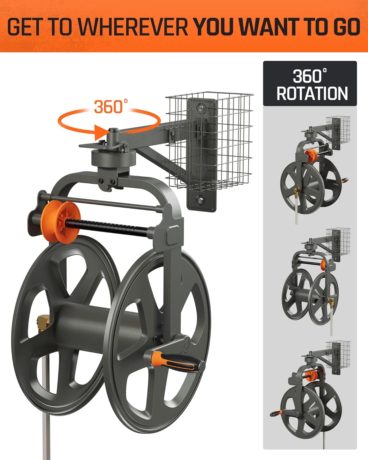 Wall Mounted Metal Hose Reel with Detachable Basket C966