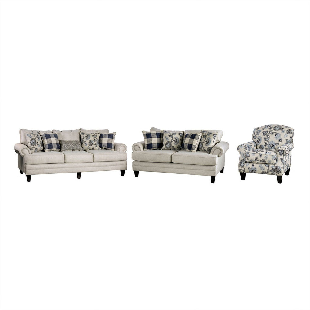 Ivory Fabric 3pc Sofa Set with Floral Chair M806663
