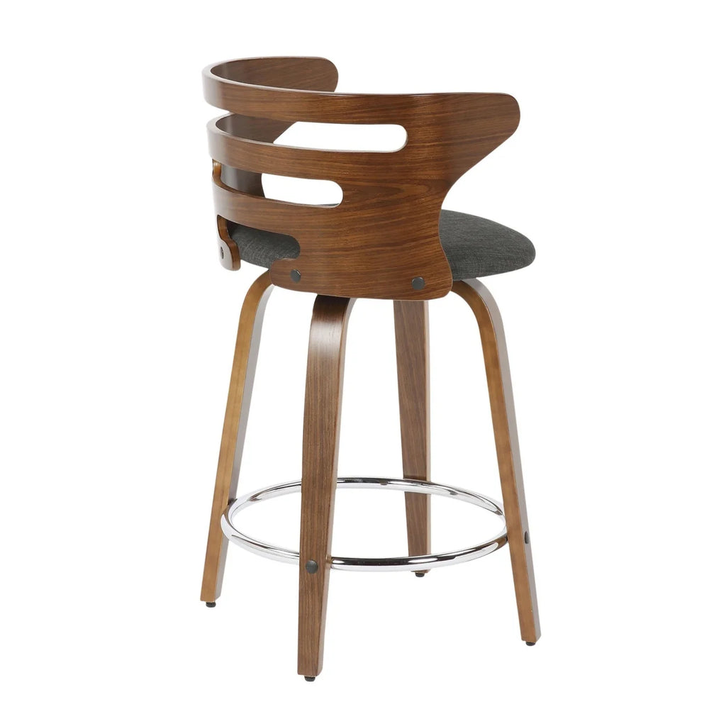 Mid-Century Modern Counter Stool With Swivel In Walnut And Charcoal Fabric - Set Of 2 T57983