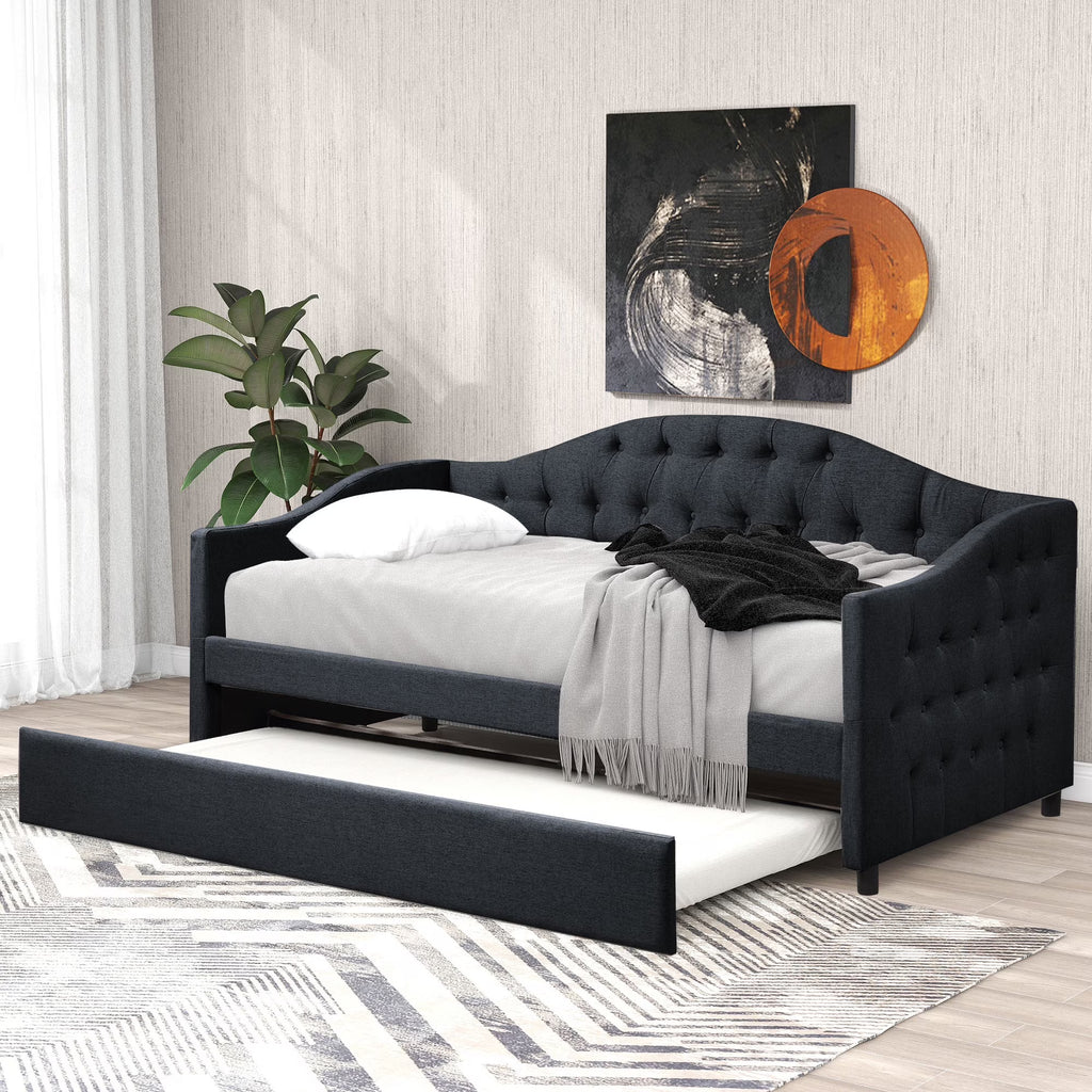 Dark Gray Wood Tufted Twin Size Daybed with Trundle D783