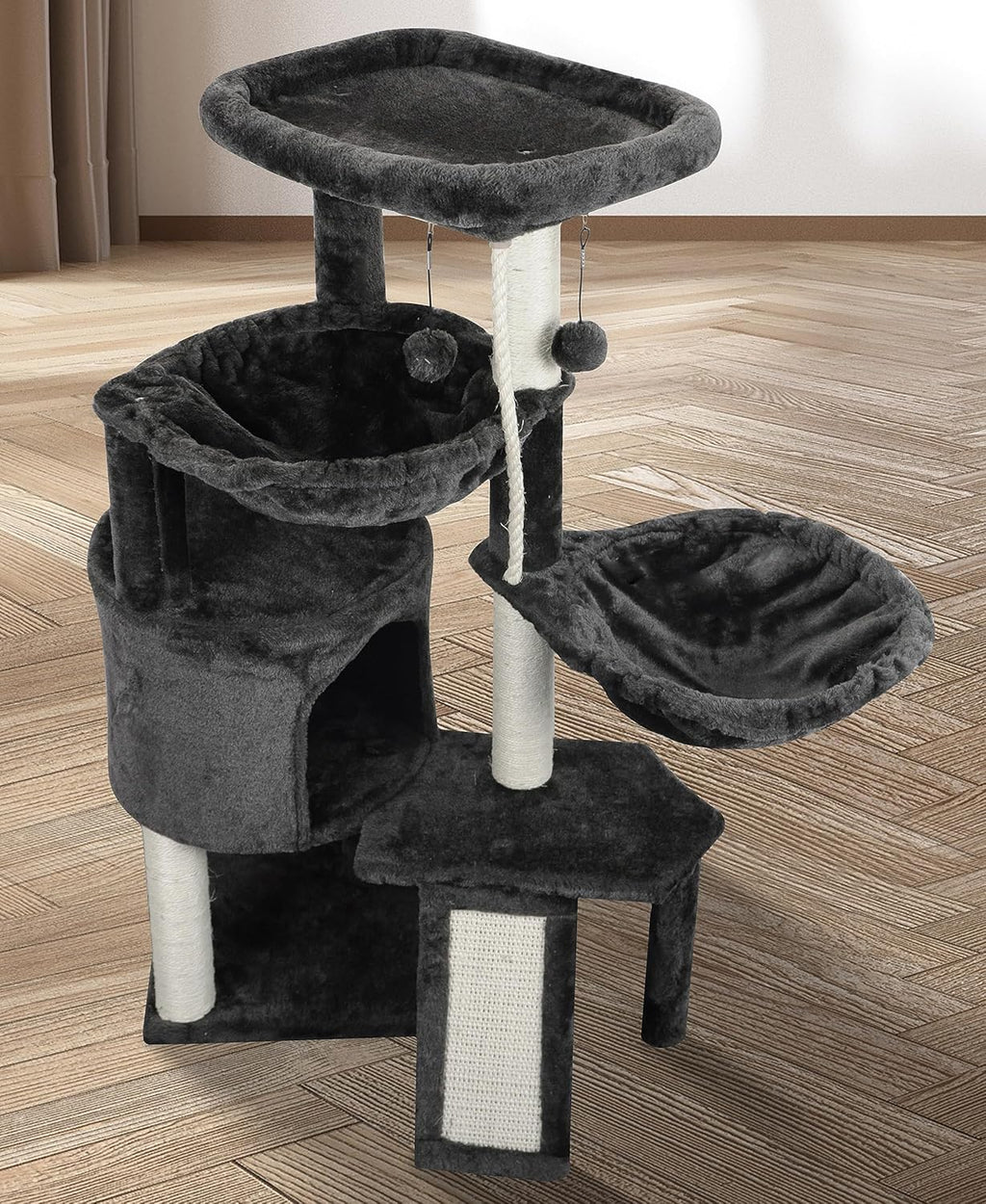Darkgray Cat Tree with Cat Condo and Two Hammocks W428