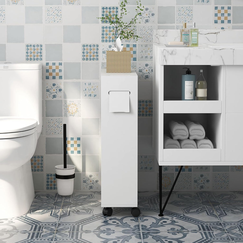 White Slim Bathroom Cabinet with 4 Rolling Wheels and Sliding Doors M49970