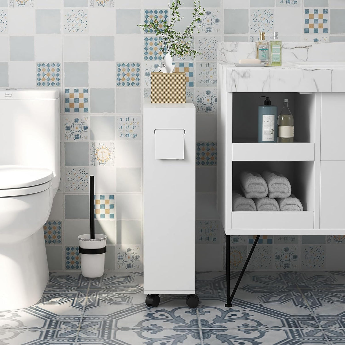 White Slim Bathroom Cabinet with 4 Rolling Wheels and Sliding Doors M49970