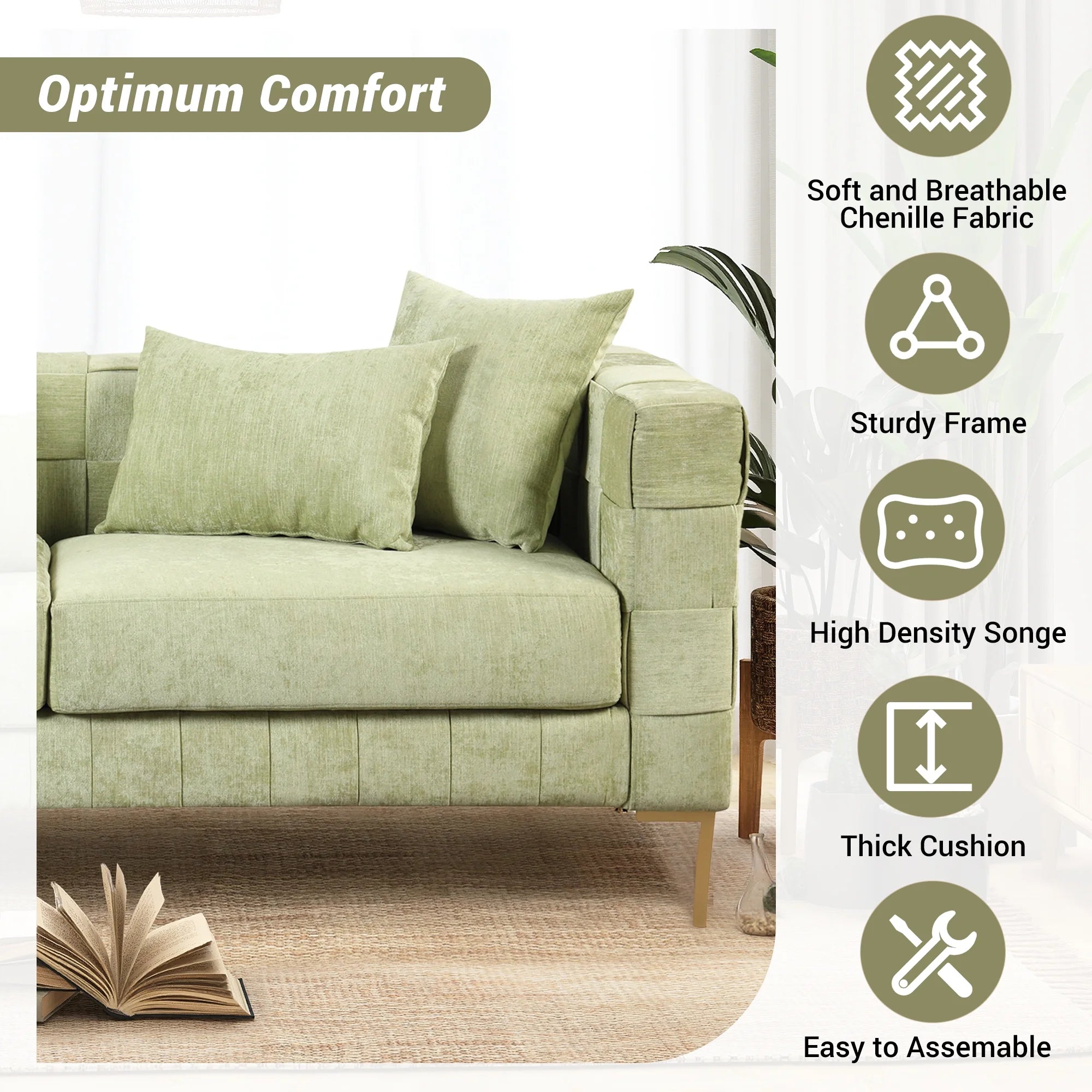 Medium Spring Bud Green Upholstered Sofa with 4 Pillows and Golden Metal Legs J7900