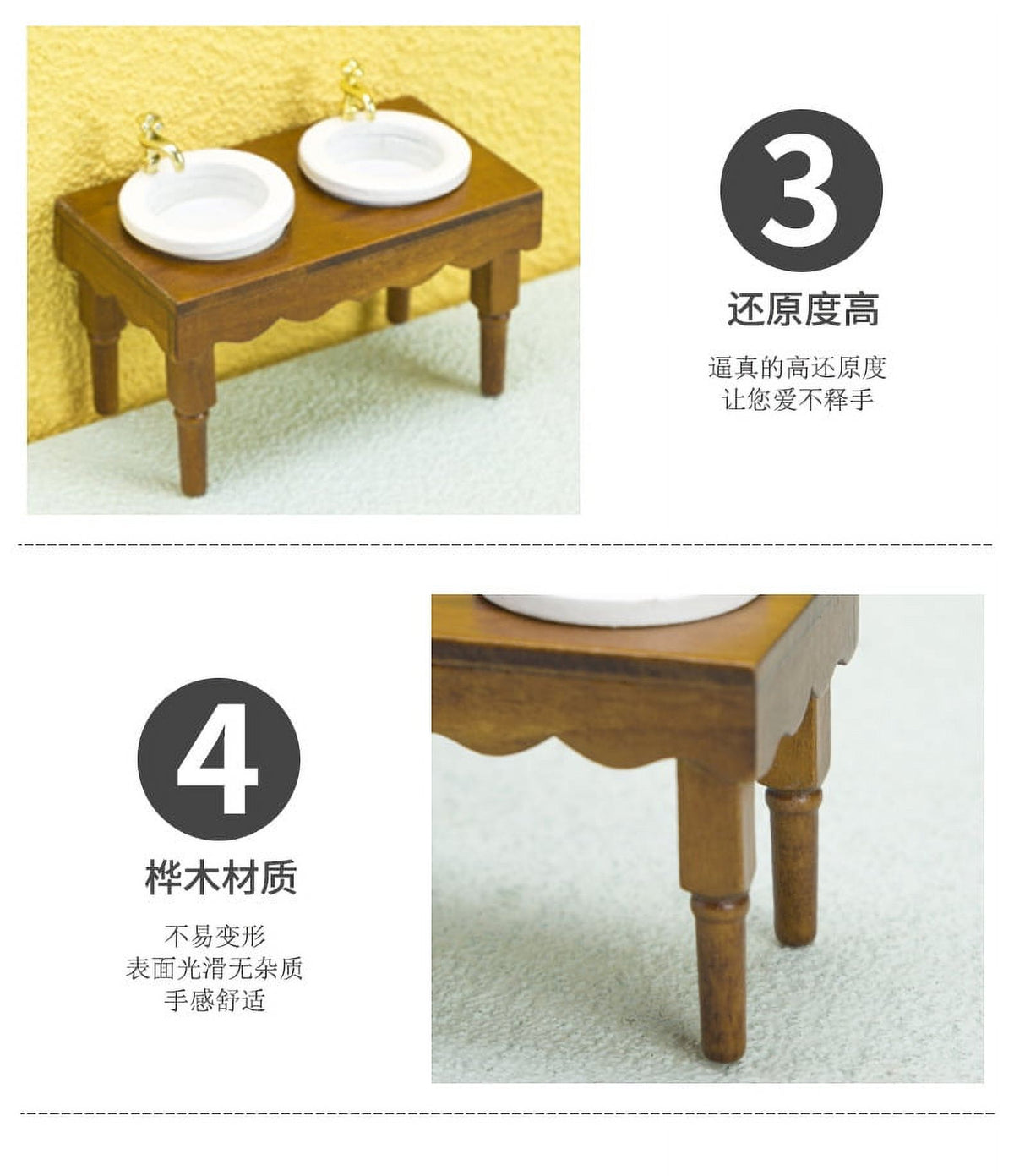 Walnut Color Double Basin Wash Sink Dollhouse Miniature Furniture N3815