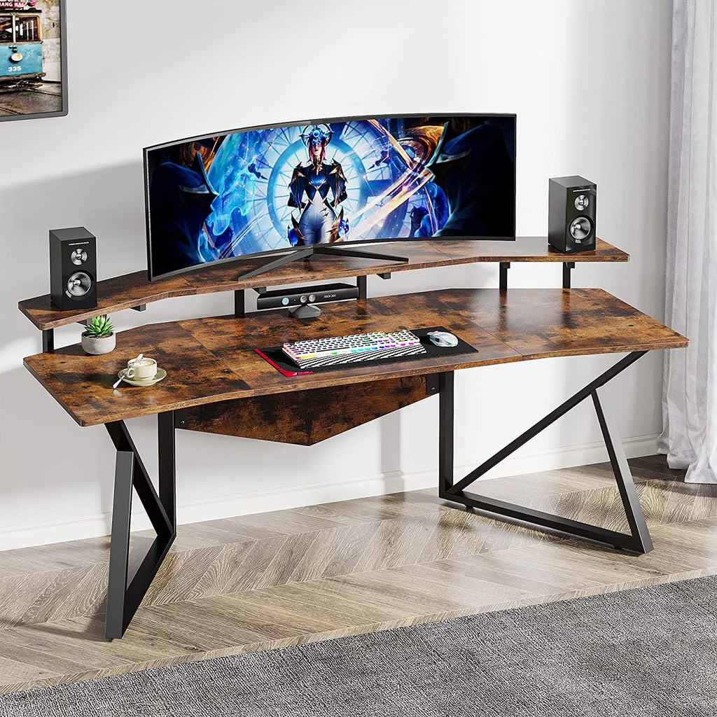 70.9" Rustic Brown Computer Desk with Monitor Stand B165