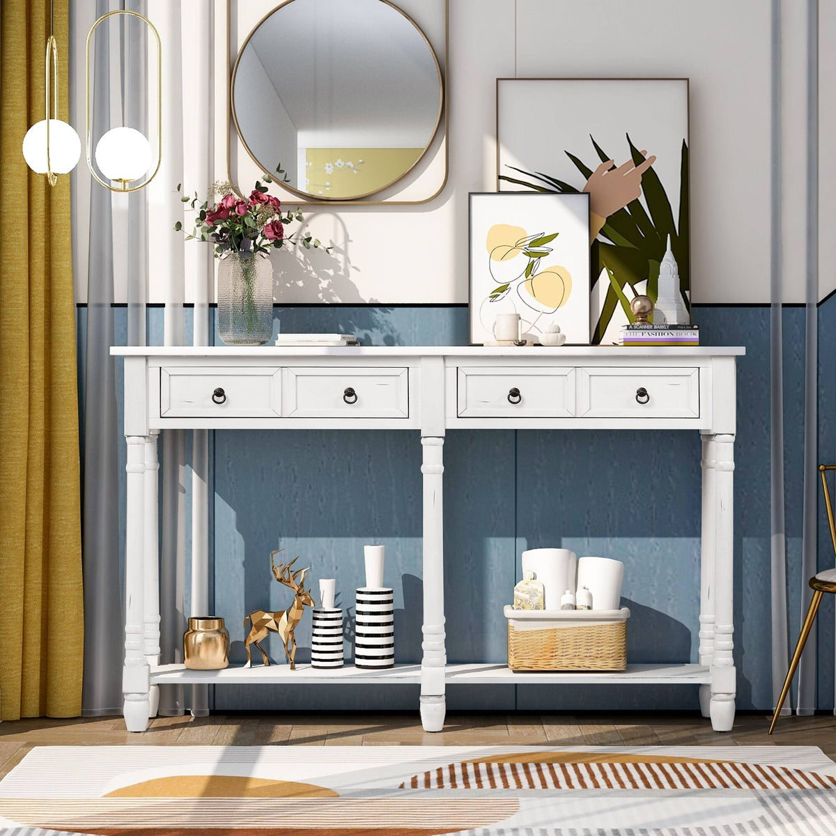 Walnut Rectangular Console Table with Drawers and Long Shelf C435787
