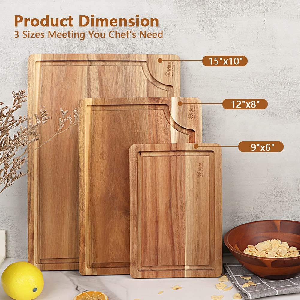 Acacia Wood Cutting Board Set with Juice Groove, 3 Pieces E8248