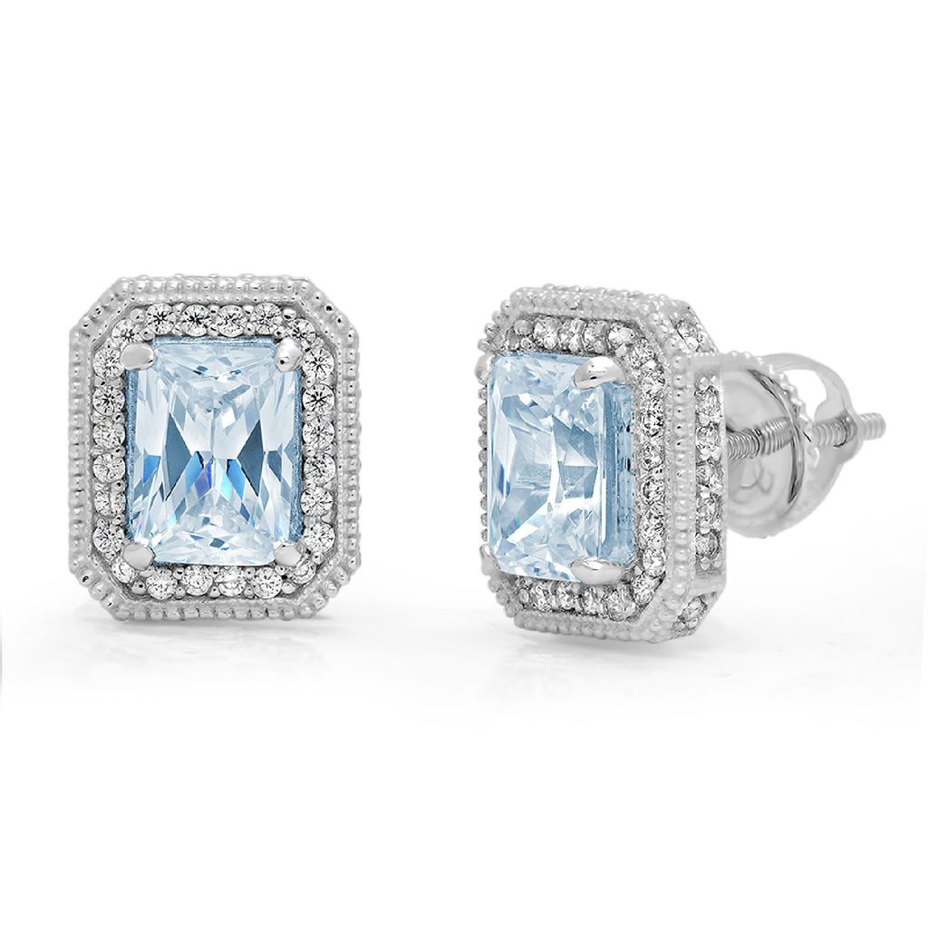 18K White Gold Emerald Cut Halo Stud Earrings A386