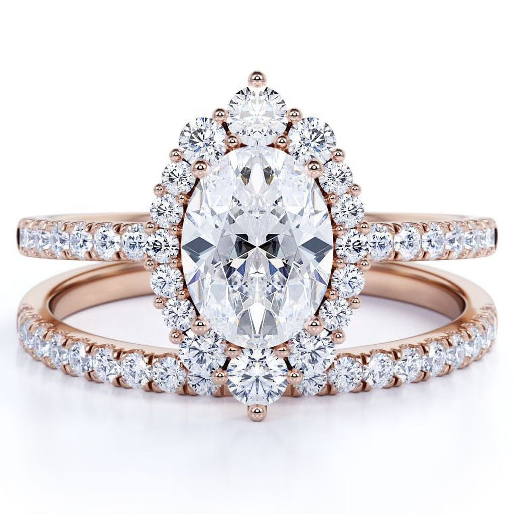 Vintage Oval Cut Real Diamond Pave Wedding Ring Set in 10k Rose Gold N36741
