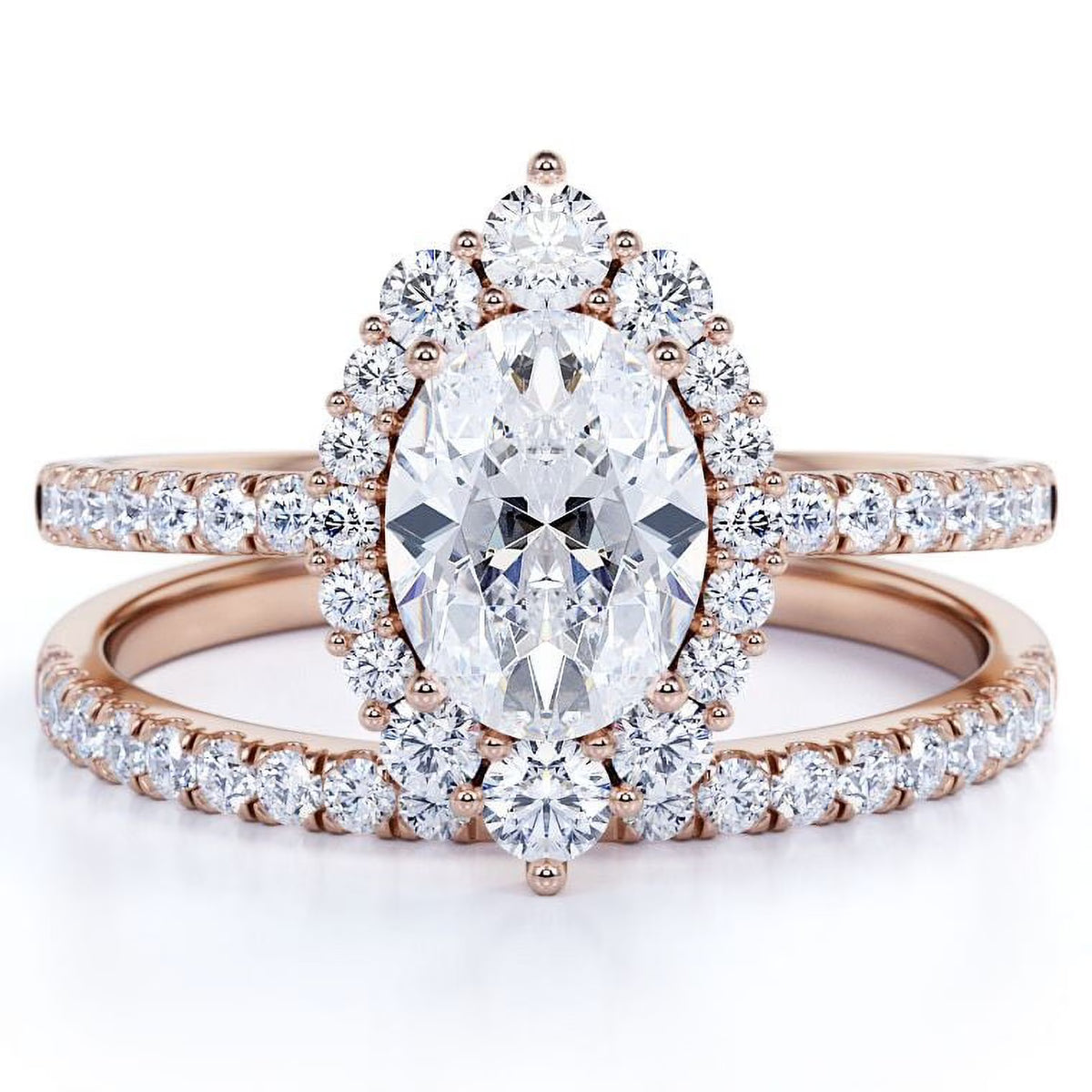 Vintage Oval Cut Real Diamond Pave Wedding Ring Set in 10k Rose Gold N36741