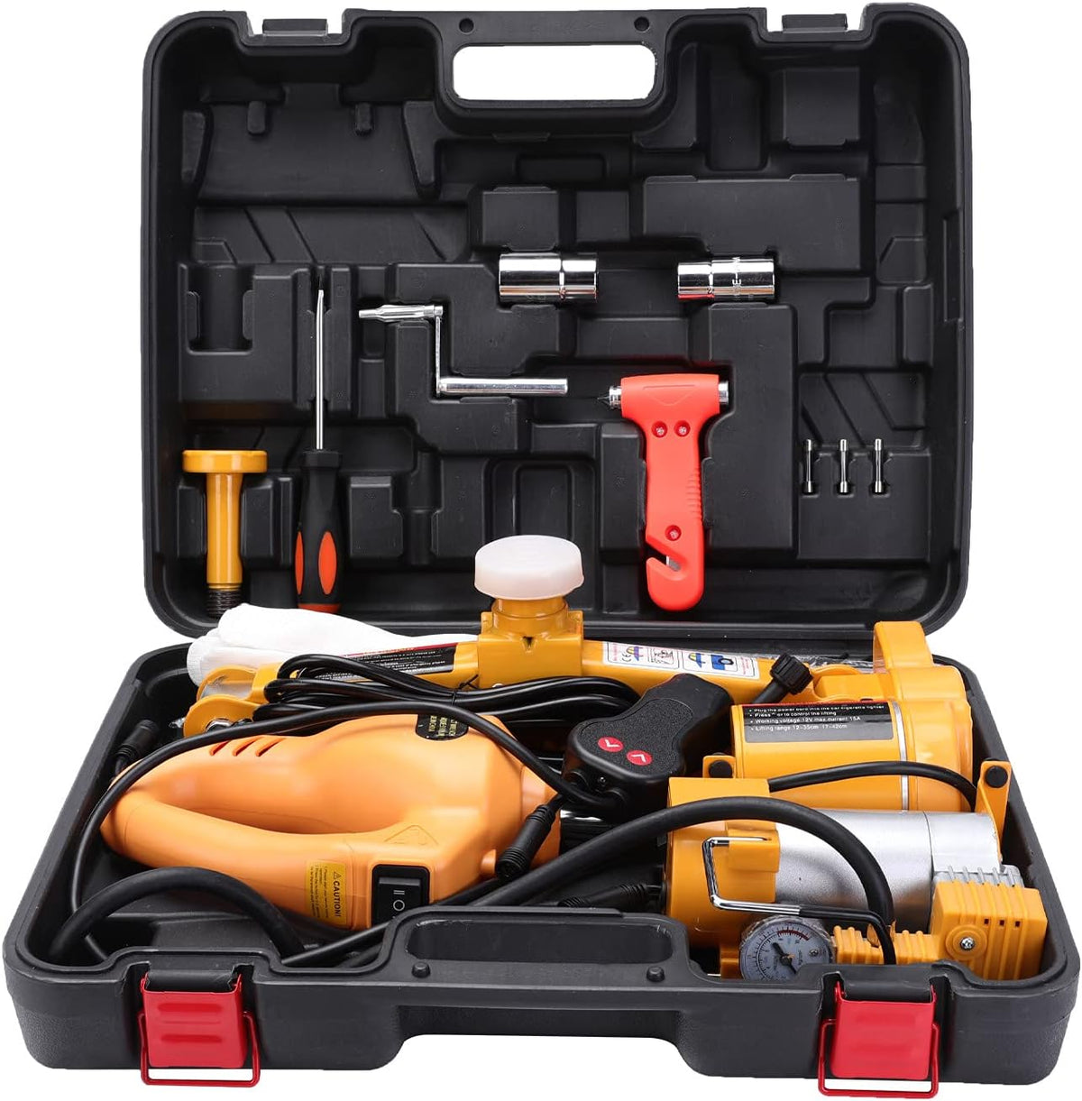 Yellow 3 Ton 12V Electric Scissor Car Jack with Impact Wrench and Tire Inflator Pump R735126