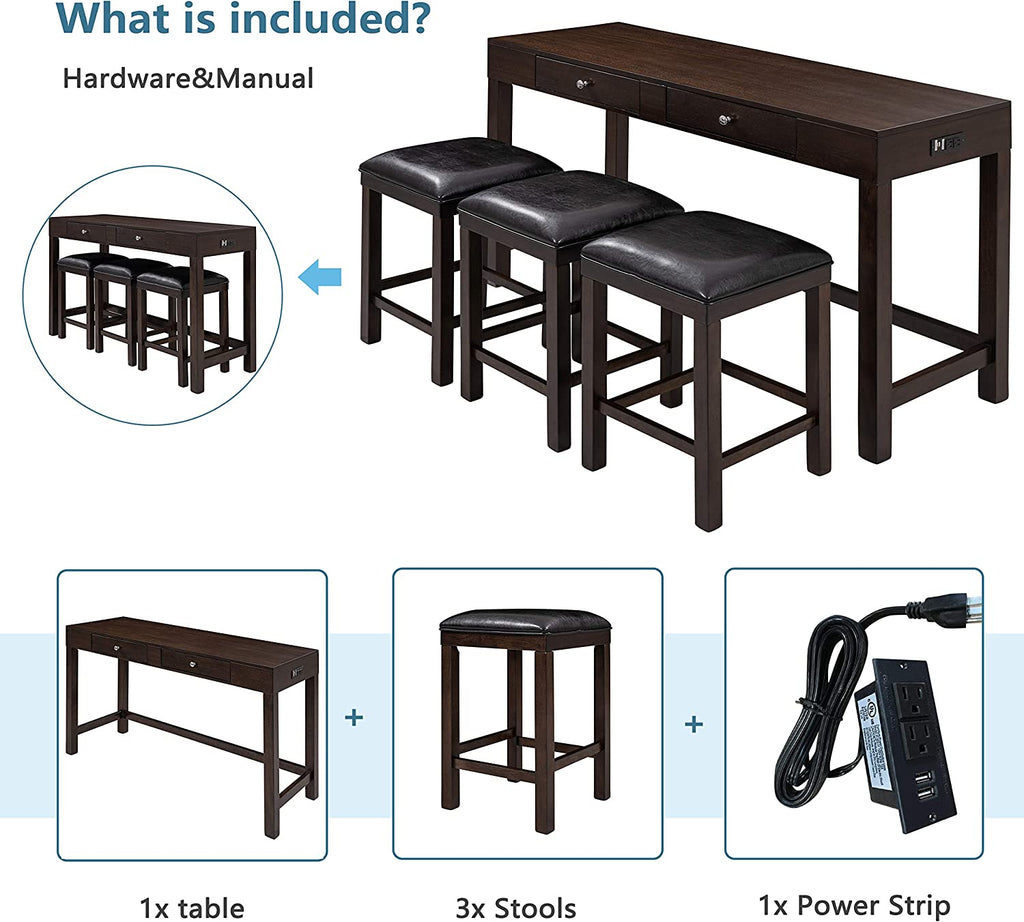 4-Piece Counter Height Dining Table Set with 3 PU Leather Padded Stools T72159