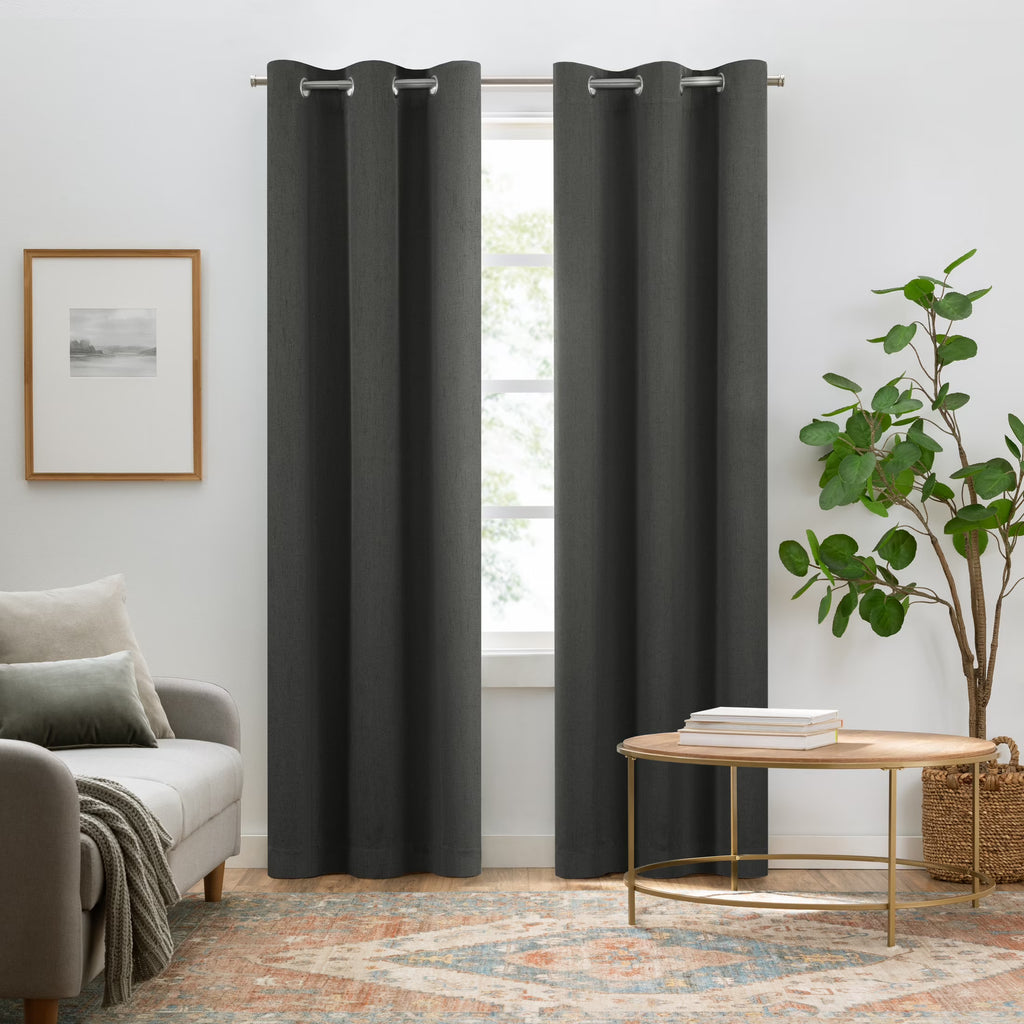 100% Blackout Faux Linen Grommet Curtains (2 Panels) 63x42 Charcoal D2500