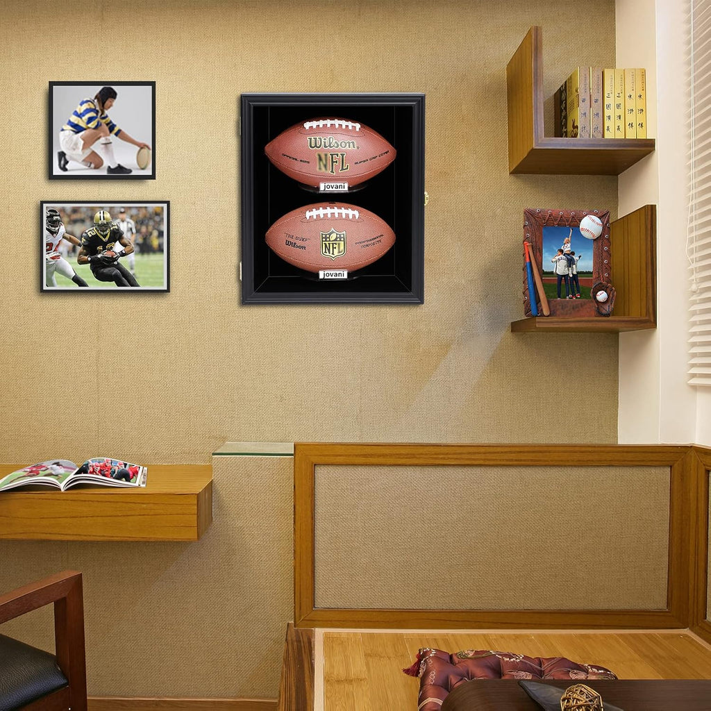 2 Football Display Case Wall Mount Lockable Wood with UV Acrylic Door O54593