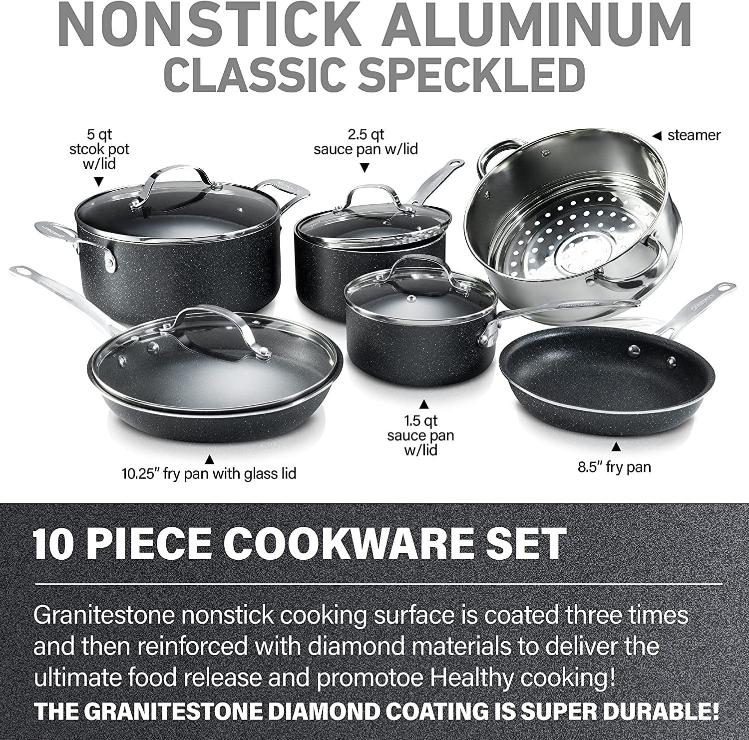 10 Piece Nonstick Granite Cookware Set Q5623