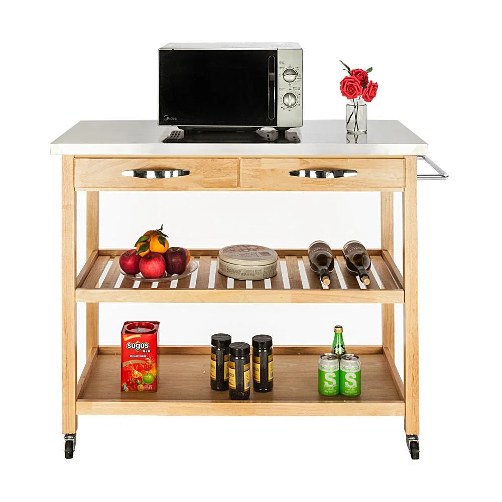 Rolling Kitchen Island Storage Serving Cart with Stainless Steel Countertop, 2 Drawers, 2 Shelves, Lockable Wheels W894