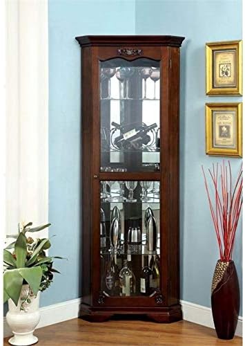 Corner Glass Door Curio Cabinet with 5 Tier Tempered Glass Shelves, Walnut K245