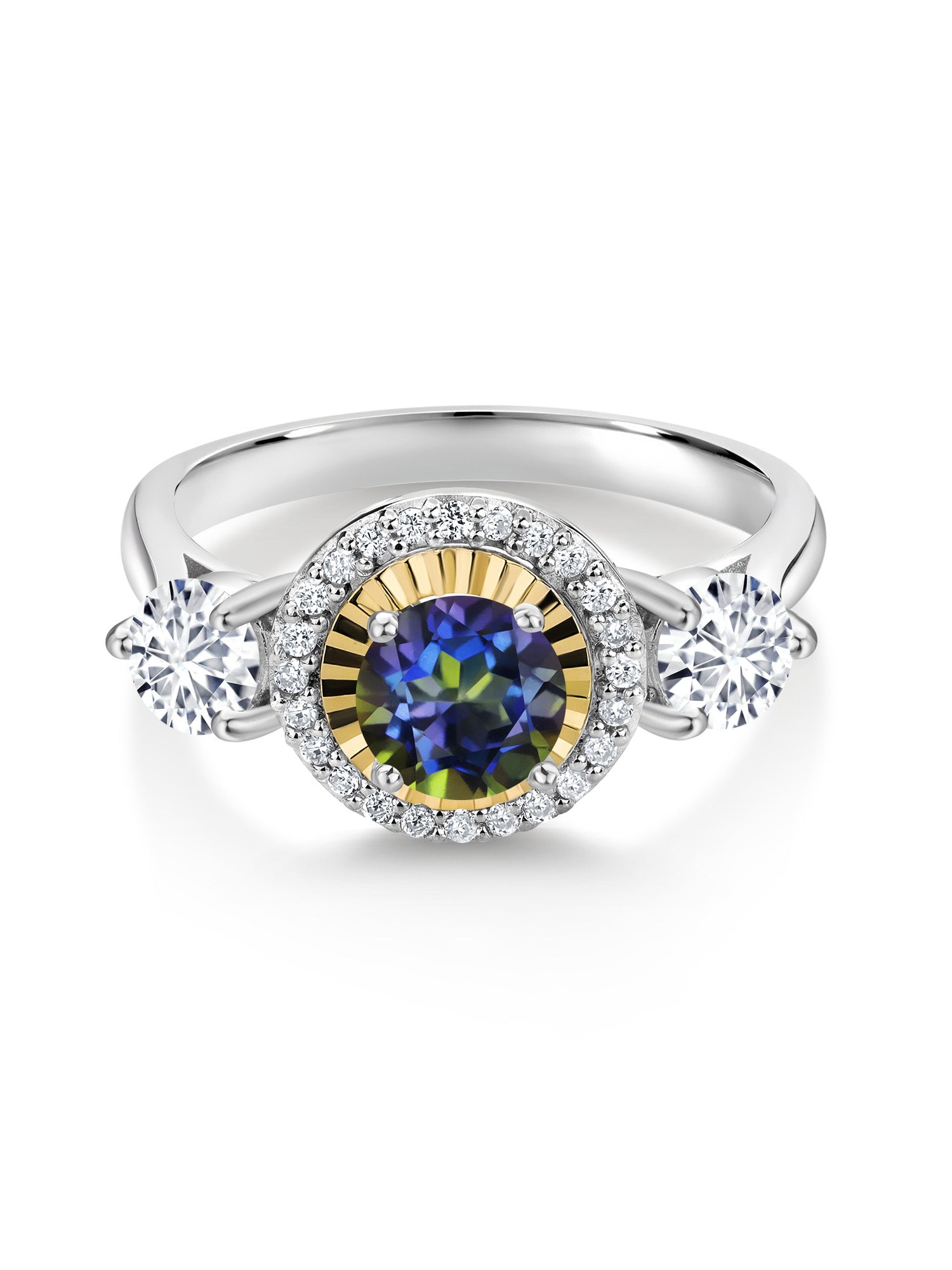 1.16 Ct Blue Mystic Topaz 925 Silver 10K Yellow Gold 3 Stone Engagement Ring V8963