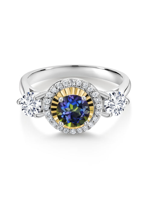 1.16 Ct Blue Mystic Topaz 925 Silver 10K Yellow Gold 3 Stone Engagement Ring V8963