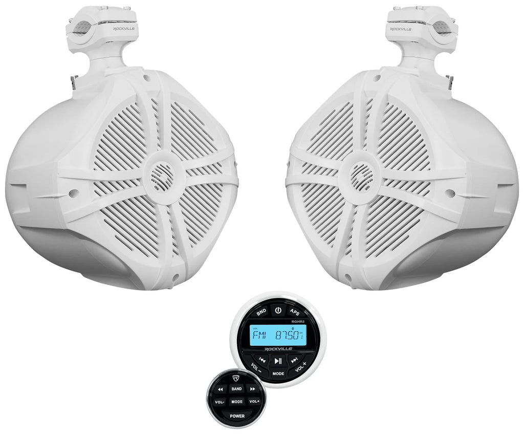 White 8" Marine Wakeboard Swivel Tower Speakers with Receiver Y608