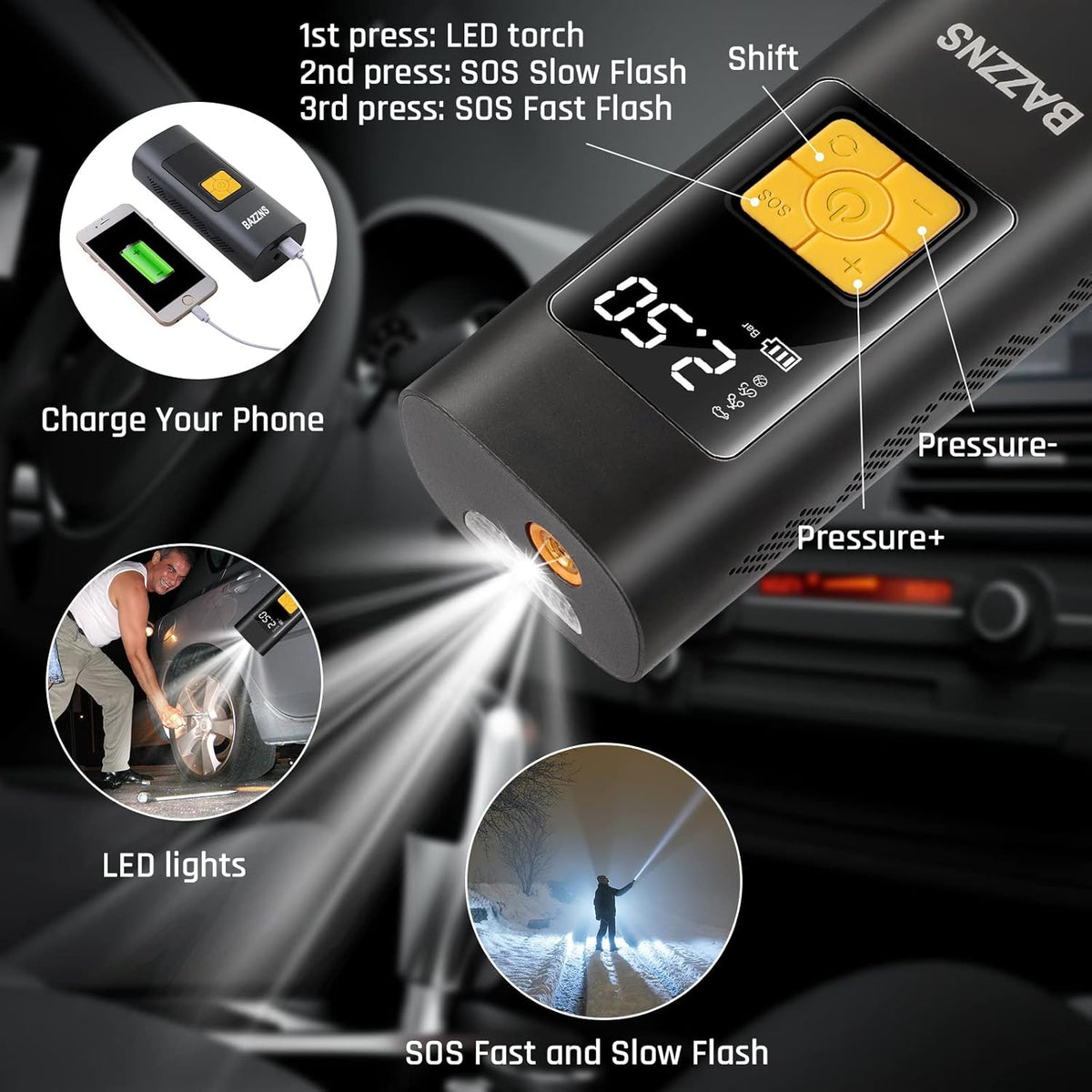 Cordless Tire Inflator Portable Air Compressor with 6000 mAh Battery Pressure Gauge LED Light T589