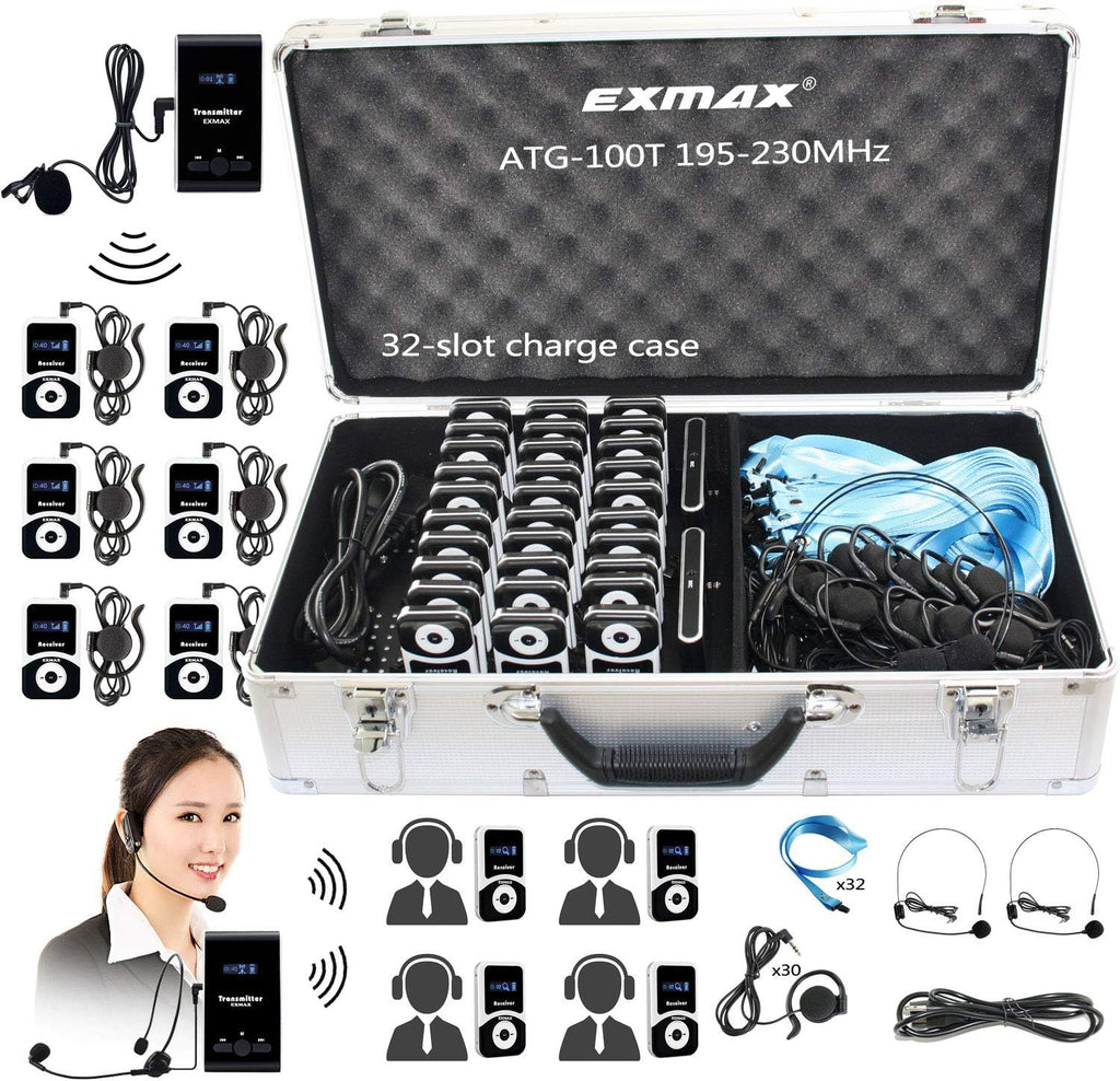 Wireless Tour Guide Voice Audio Transmission System with 32-slot Charge Case (2 Transmitters and 30 Receivers) F38577