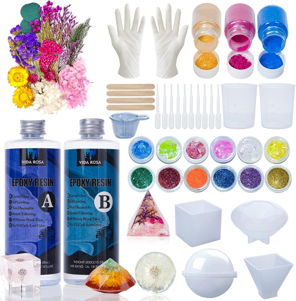 600ml Epoxy Resin Kit with Molds, Dried Flower, Gloves, Measuring Cup, Wooden Sticks U27726
