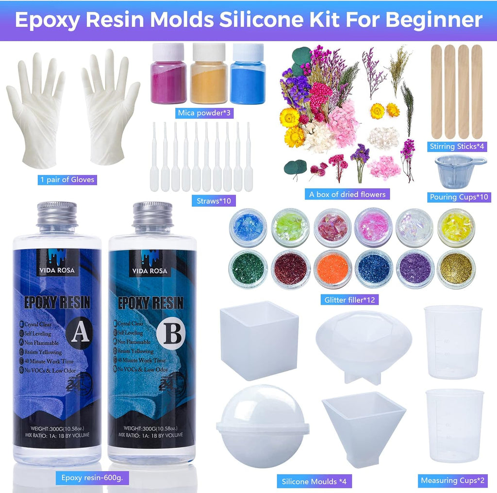600ml Epoxy Resin Kit with Molds, Dried Flower, Gloves, Measuring Cup, Wooden Sticks U27726