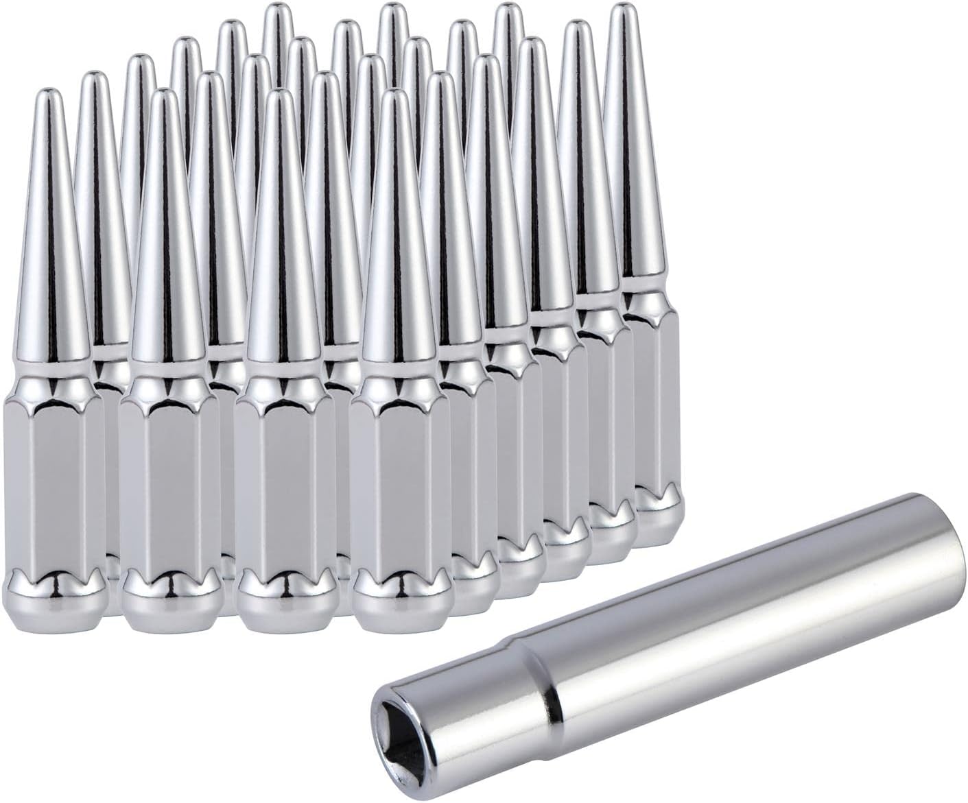 M14x1.5 Spike Lug Nuts with Cone Seat, 3/4" 19mm Hex, Chrome, Set of 24 R445933