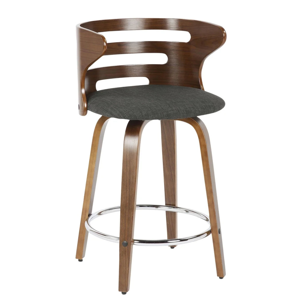 Mid-Century Modern Counter Stool With Swivel In Walnut And Charcoal Fabric - Set Of 2 T57983