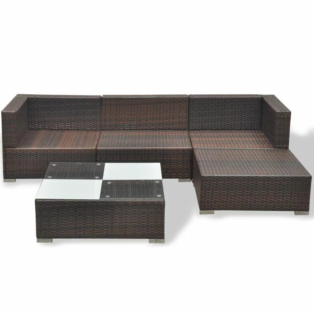 5 Piece Outdoor Sectional Sofa Lounge with Coffee Table and Ottoman Set Cushioned Poly Rattan E3985