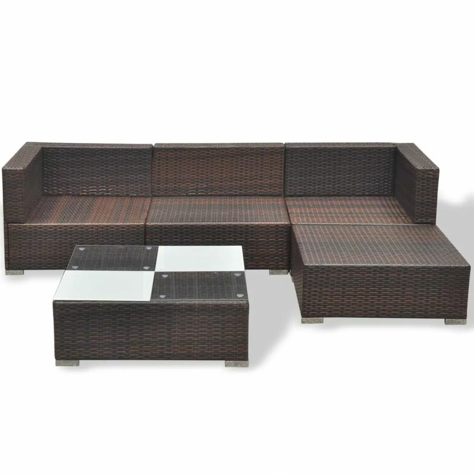 5 Piece Outdoor Sectional Sofa Lounge with Coffee Table and Ottoman Set Cushioned Poly Rattan E3985