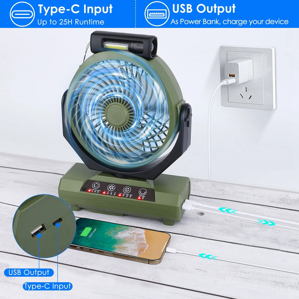 Portable Rechargeable Camping Fan with Flashlight Power Bank V9838
