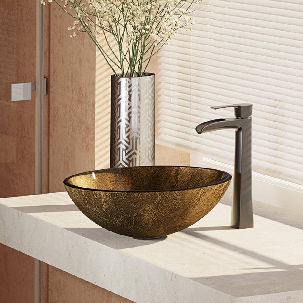 Foil Undertone Glass Vessel Sink with Antique Bronze Vessel Faucet A85957