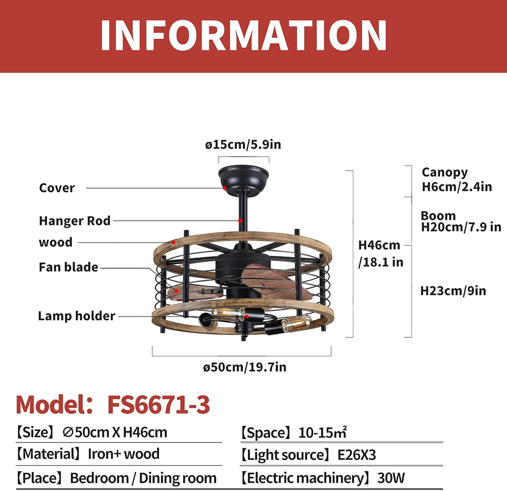 20-inch Caged Ceiling Fan with Lights, Reversible, Remote, Bladeless F5545