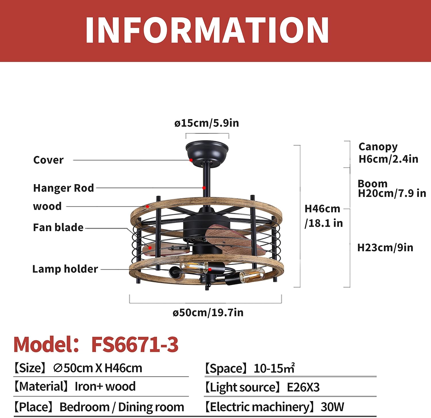 20-inch Caged Ceiling Fan with Lights, Reversible, Remote, Bladeless F5545