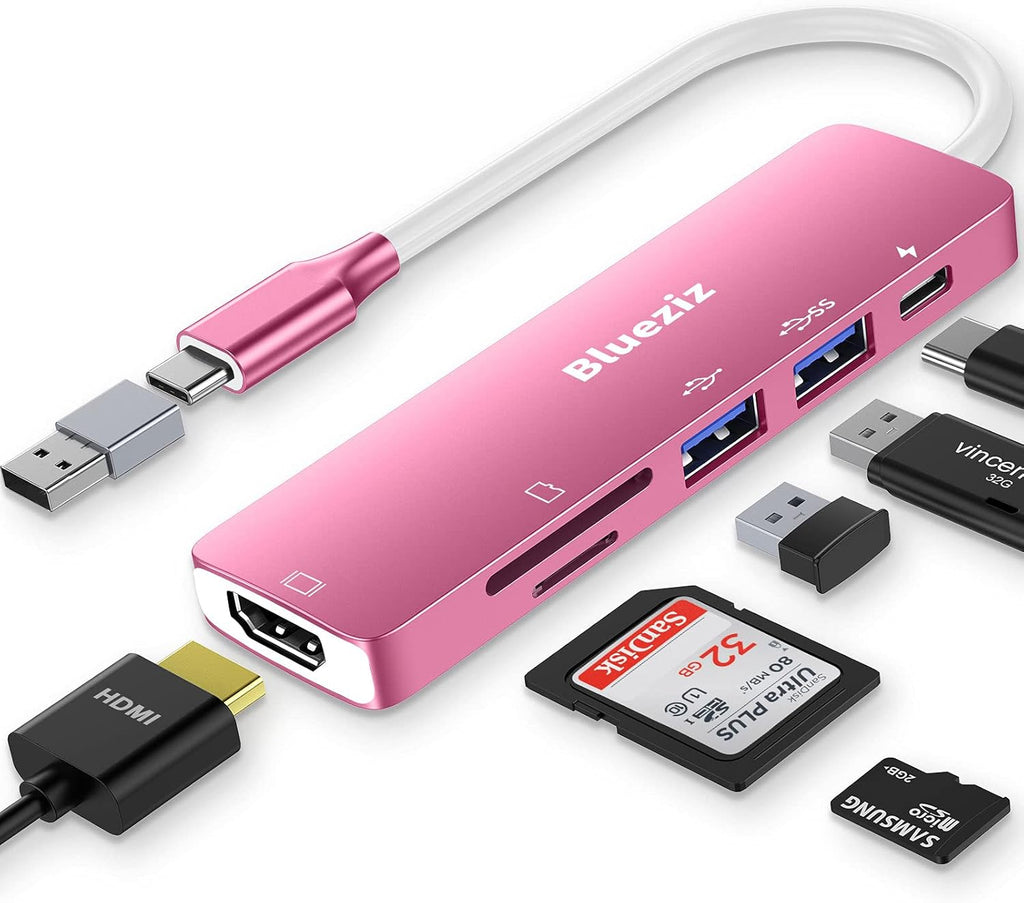 6 in 1 USB C Laptop Docking Station with 4K HDMI, 2 USB 3.0, 87W PD Charger, SD/Micro SD Card Reader, USB C to A Adapter (Pink) P177643