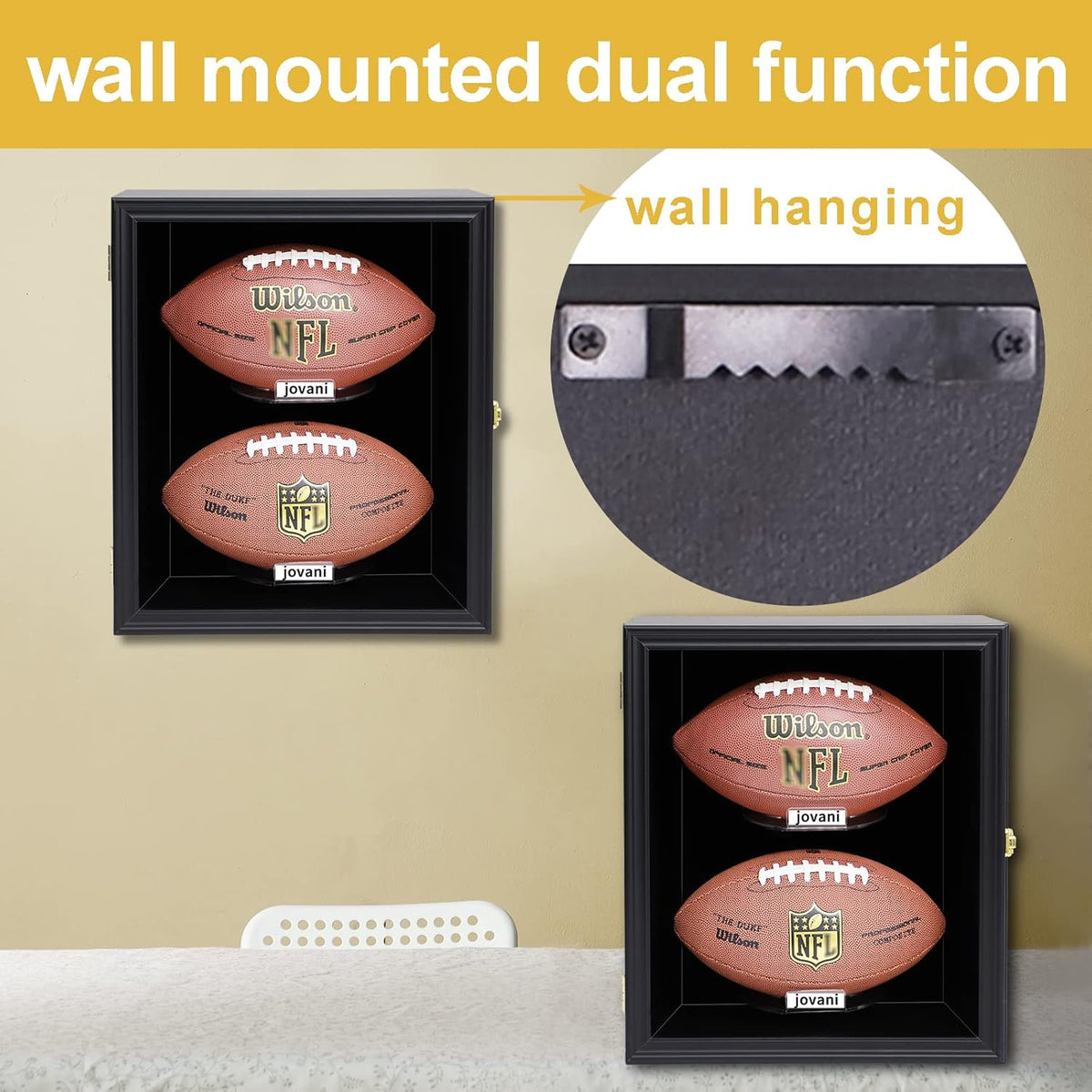 2 Football Display Case Wall Mount Lockable Wood with UV Acrylic Door O54593