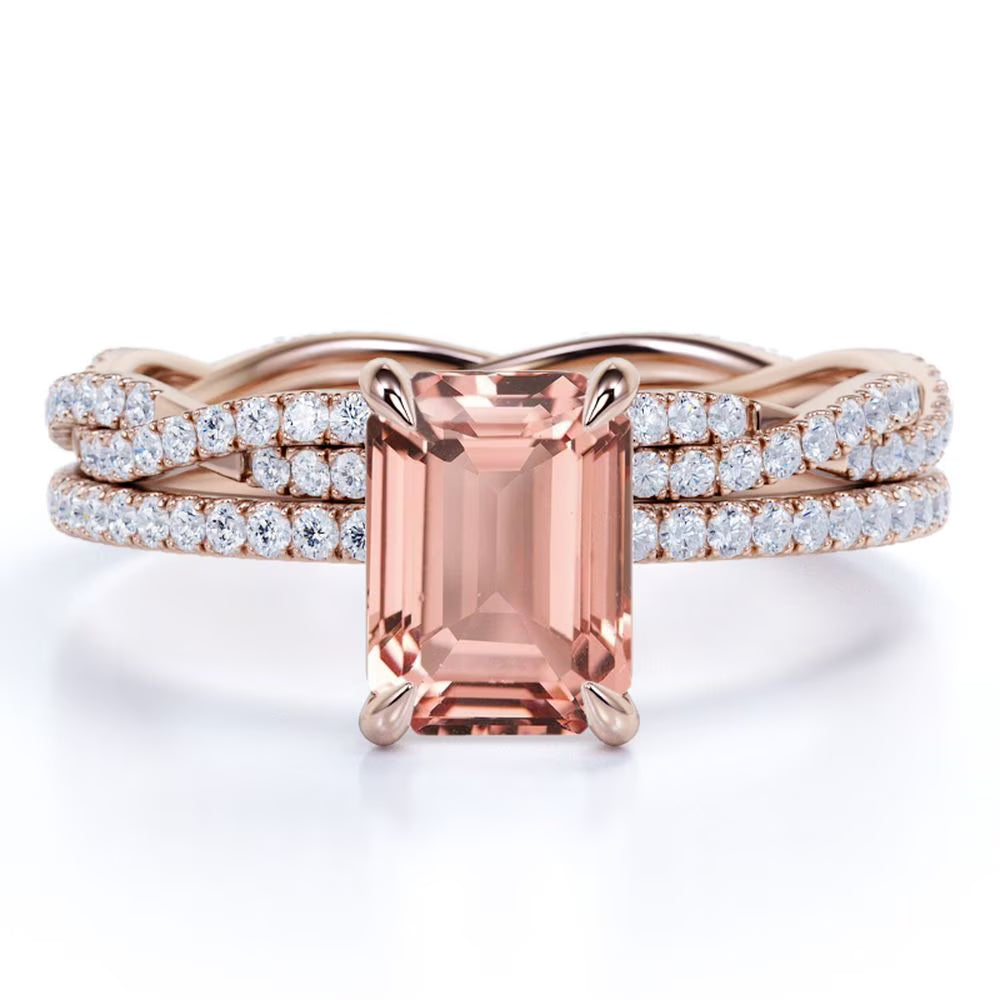 2 Carat Emerald Cut Morganite Bridal Trio Set U6289