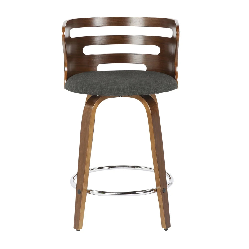 Mid-Century Modern Counter Stool With Swivel In Walnut And Charcoal Fabric - Set Of 2 T57983