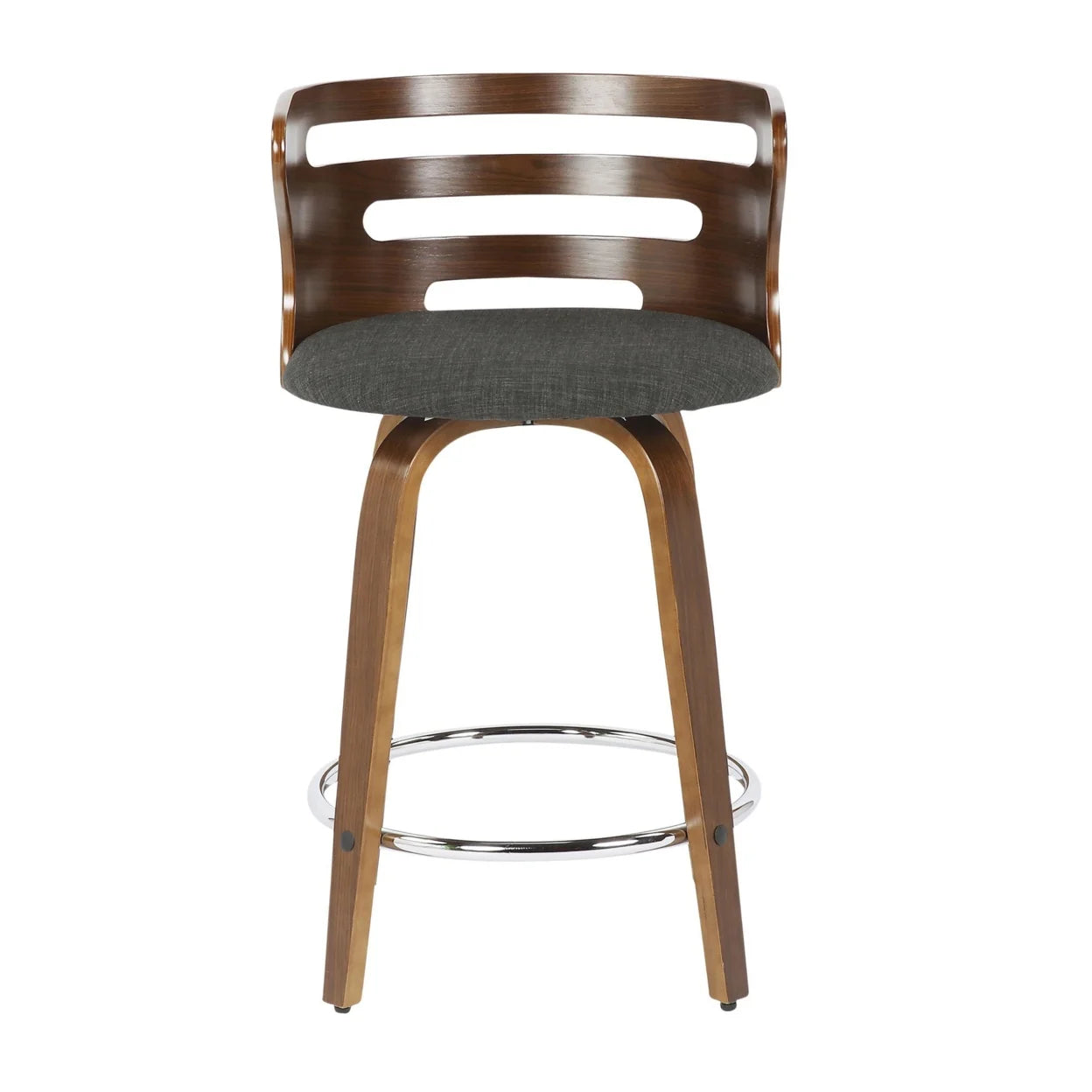 Mid-Century Modern Counter Stool With Swivel In Walnut And Charcoal Fabric - Set Of 2 T57983