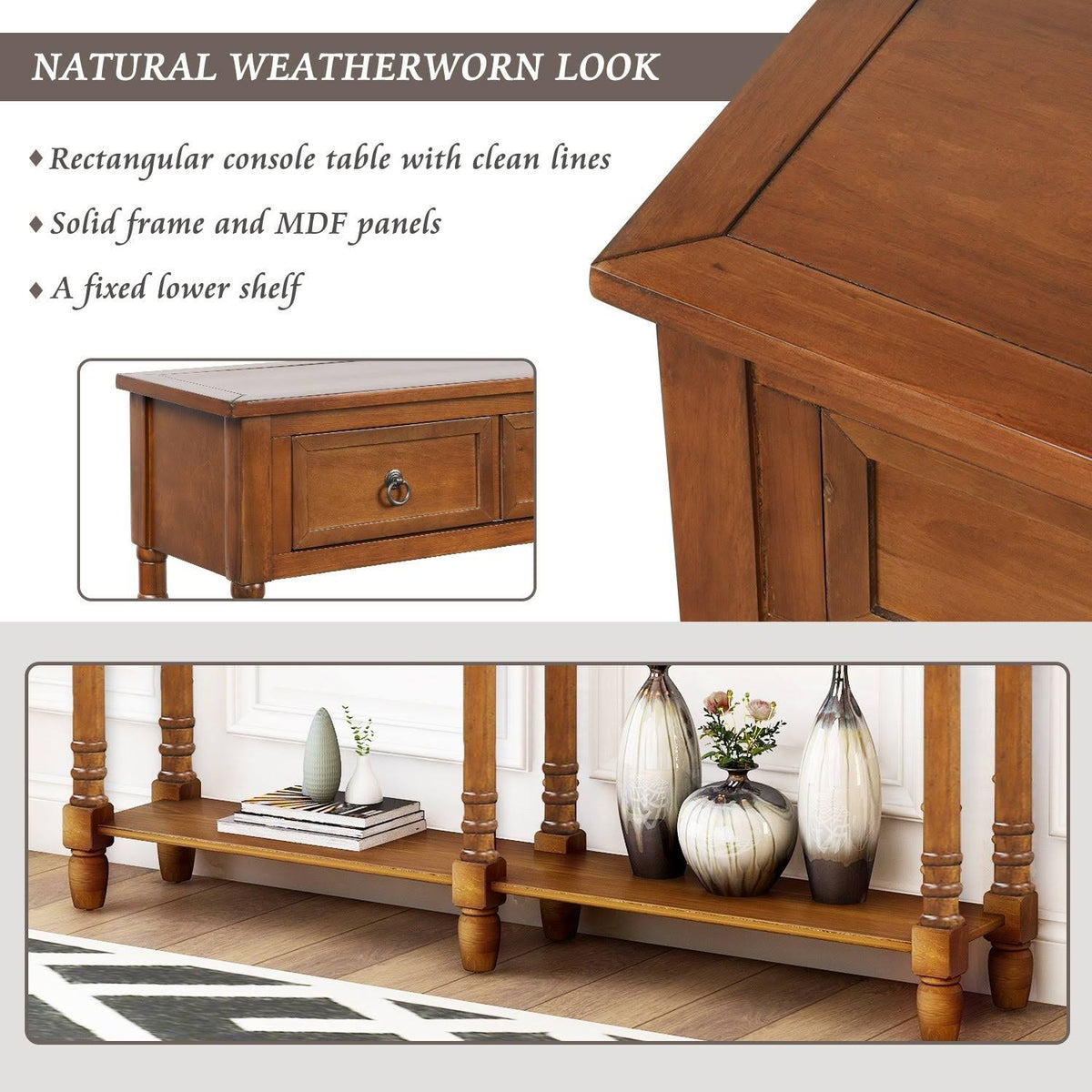Walnut Rectangular Console Table with Drawers and Long Shelf C435787