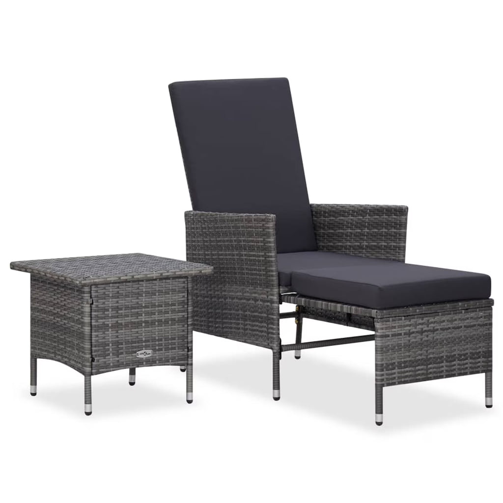 2 Piece Poly Rattan Gray Patio Lounge Set with Cushions Armchair Footrest Coffee Table L527