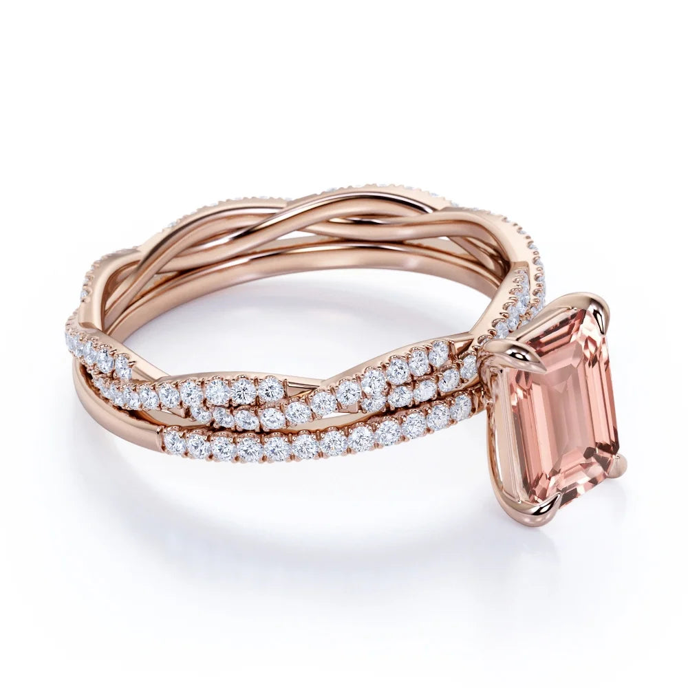 2 Carat Emerald Cut Morganite Bridal Trio Set U6289