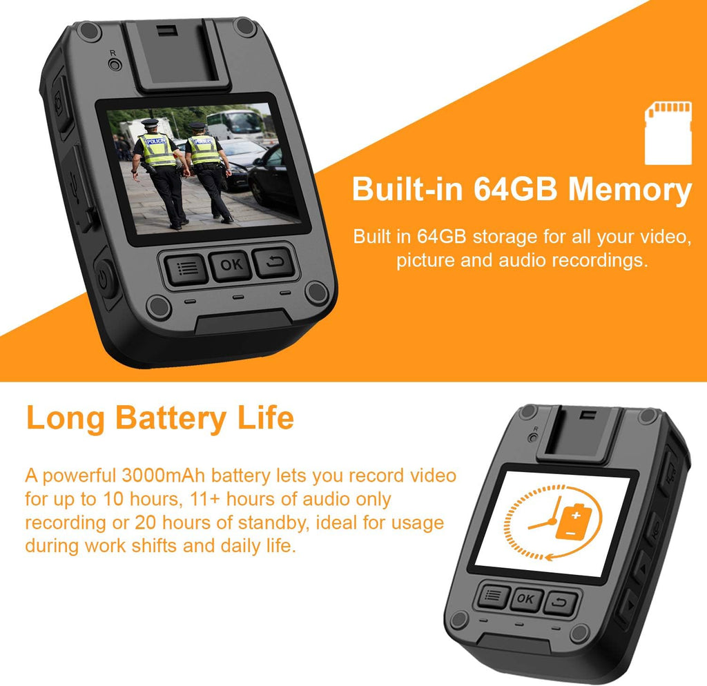Body Worn Camera with 2” Display 1080p Full HD, 64G Memory, Infrared Night Vision, 3000 mAh Battery, Waterproof Z842
