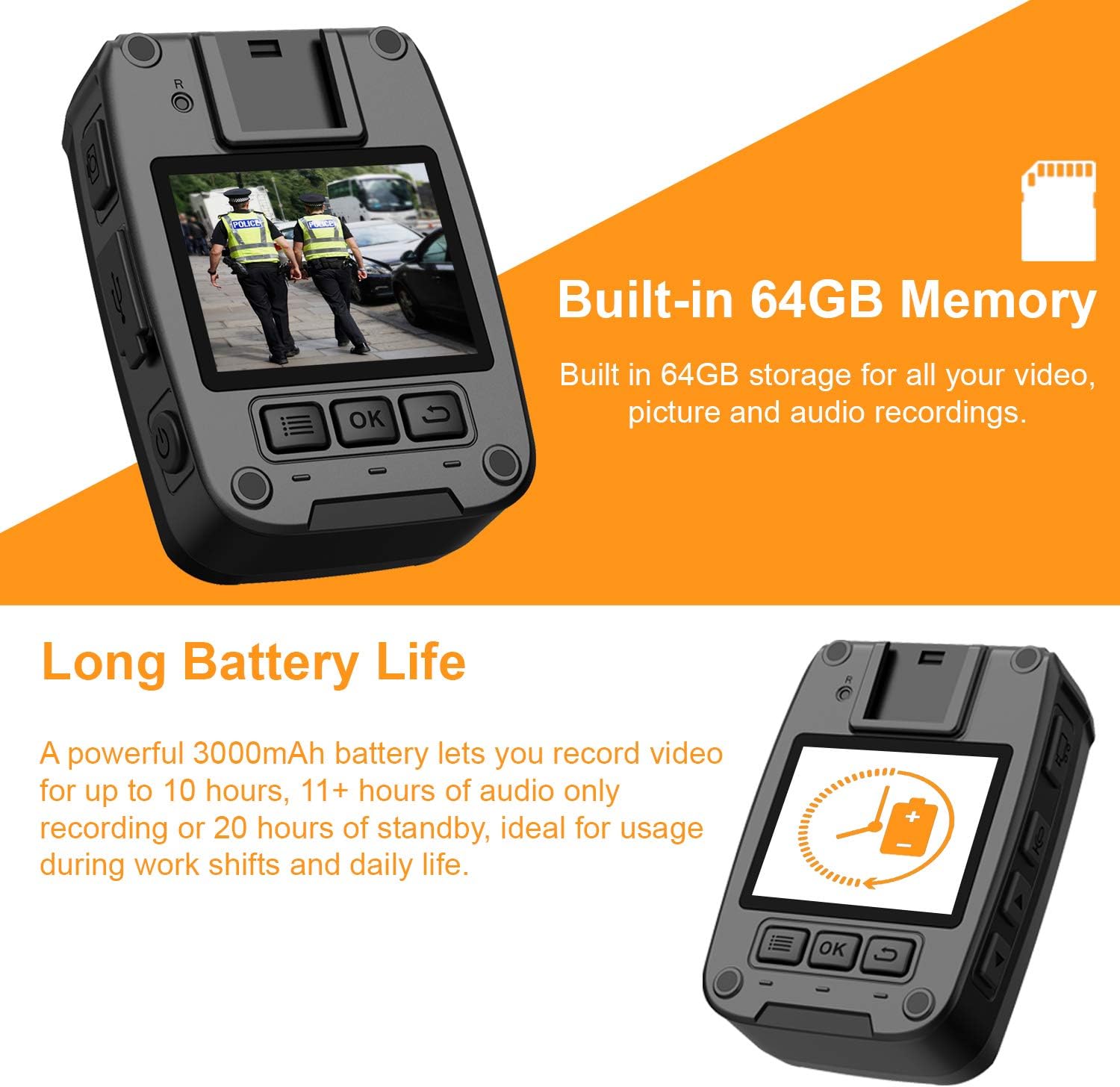 Body Worn Camera with 2” Display 1080p Full HD, 64G Memory, Infrared Night Vision, 3000 mAh Battery, Waterproof Z842
