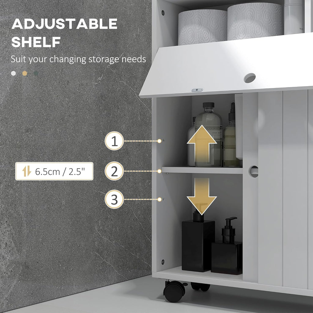 White Slim Bathroom Cabinet with 4 Rolling Wheels and Sliding Doors M49970