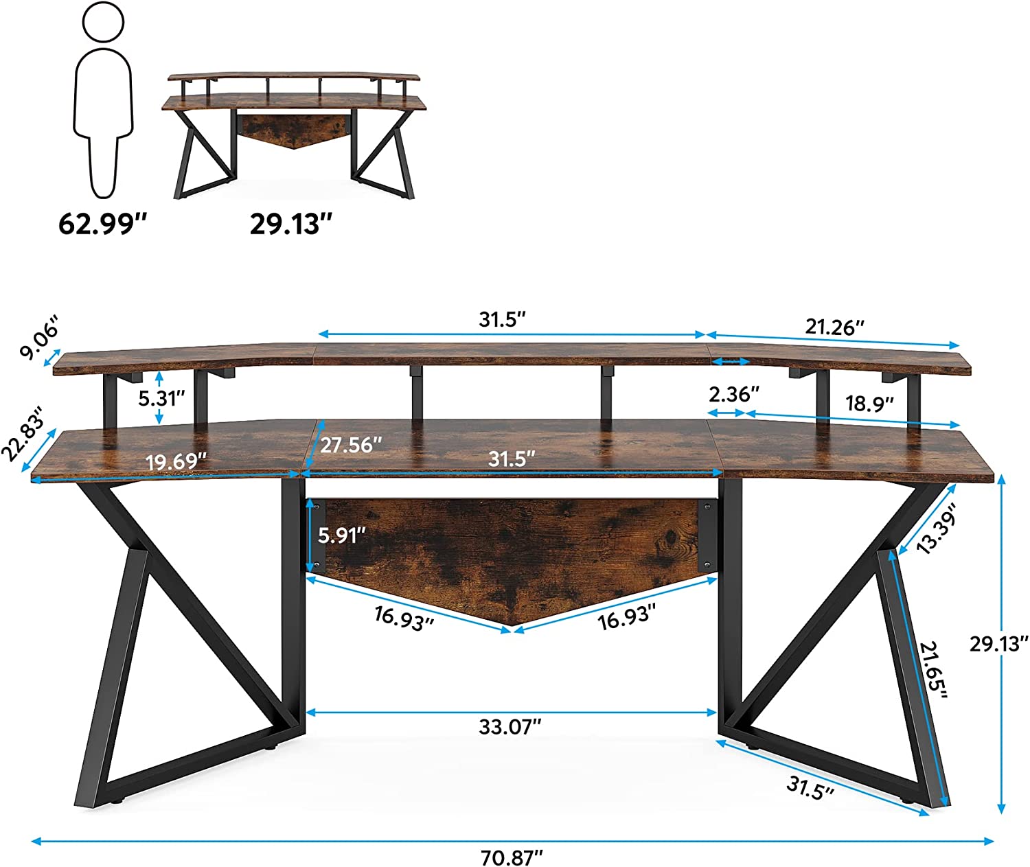 70.9" Rustic Brown Computer Desk with Monitor Stand B165